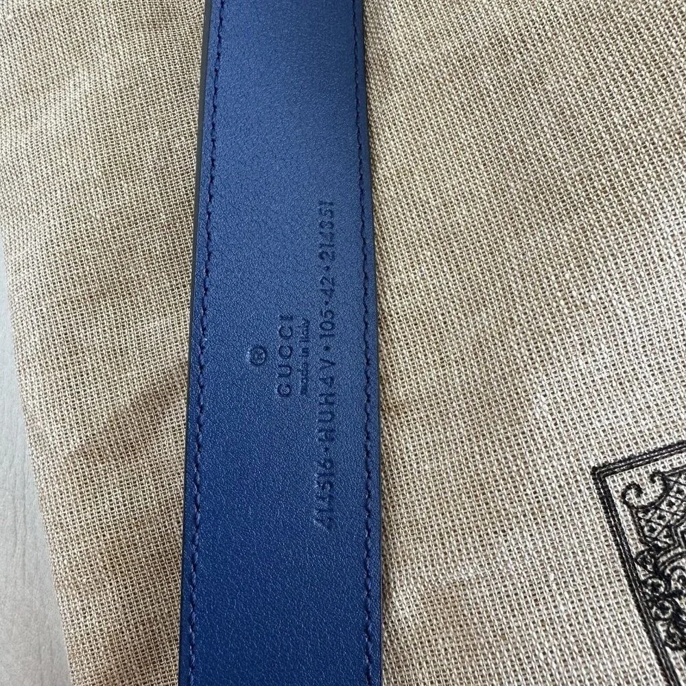 New Gucci Belt GG Supreme Monogram Calfskin Enamel 30mm Belt 105 Cm 42 In Blue - Picture 8 of 8